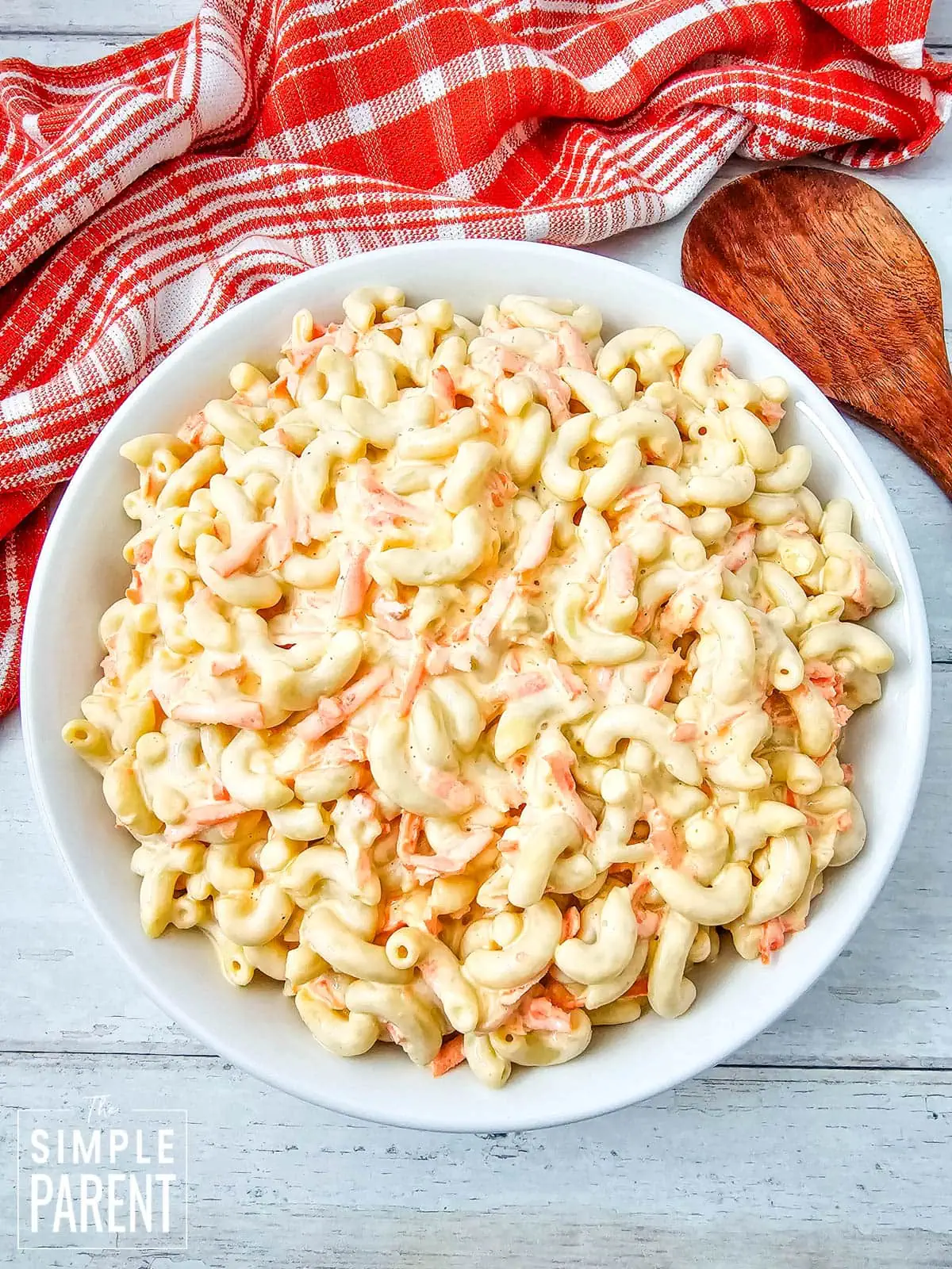 Hawaiian Macaroni Salad (Mac Salad) in white serving bowl