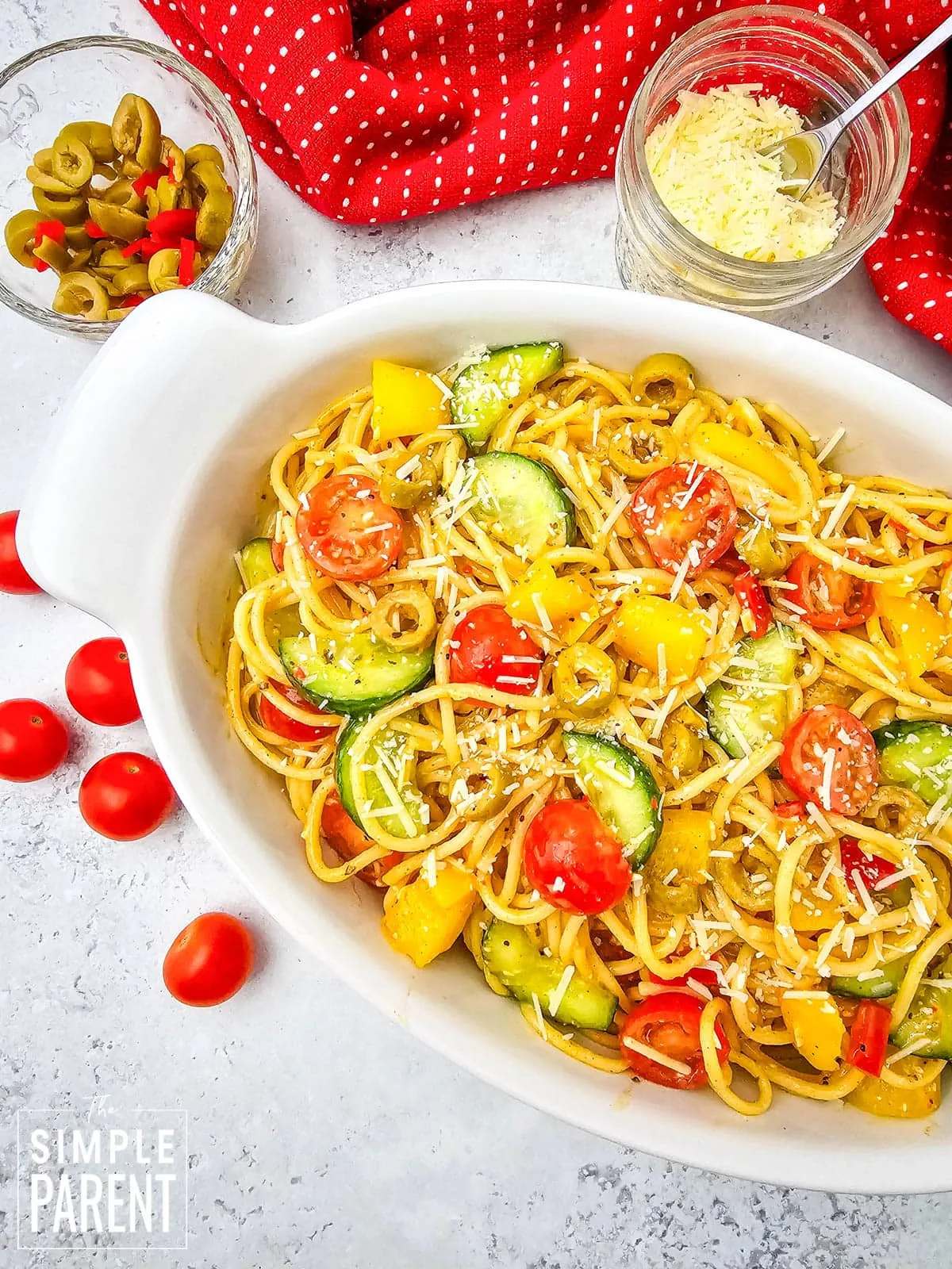 spaghetti salad with italian dressing in white bowl