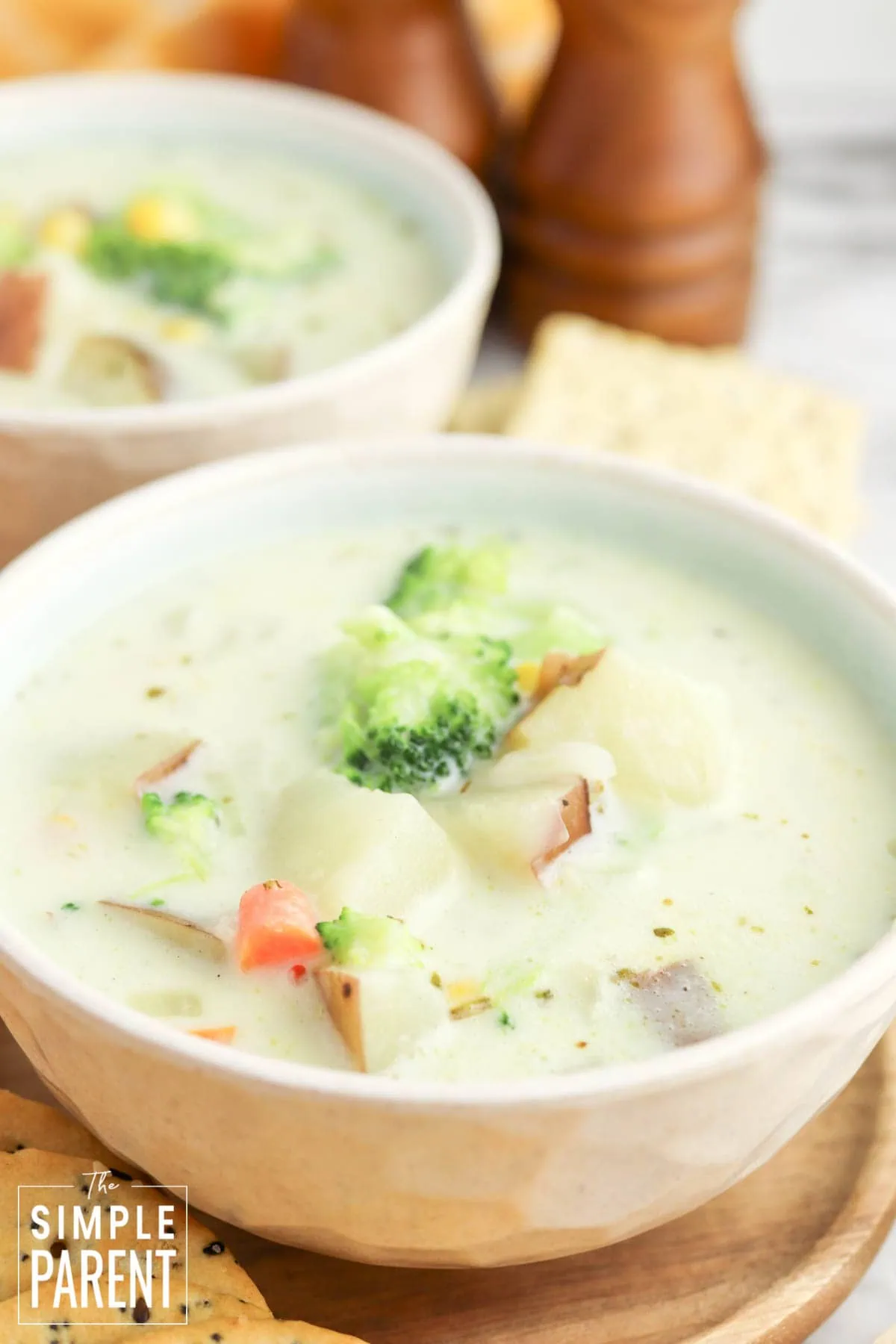 Easy creamy vegetable soup in white bowl with crackers on the side