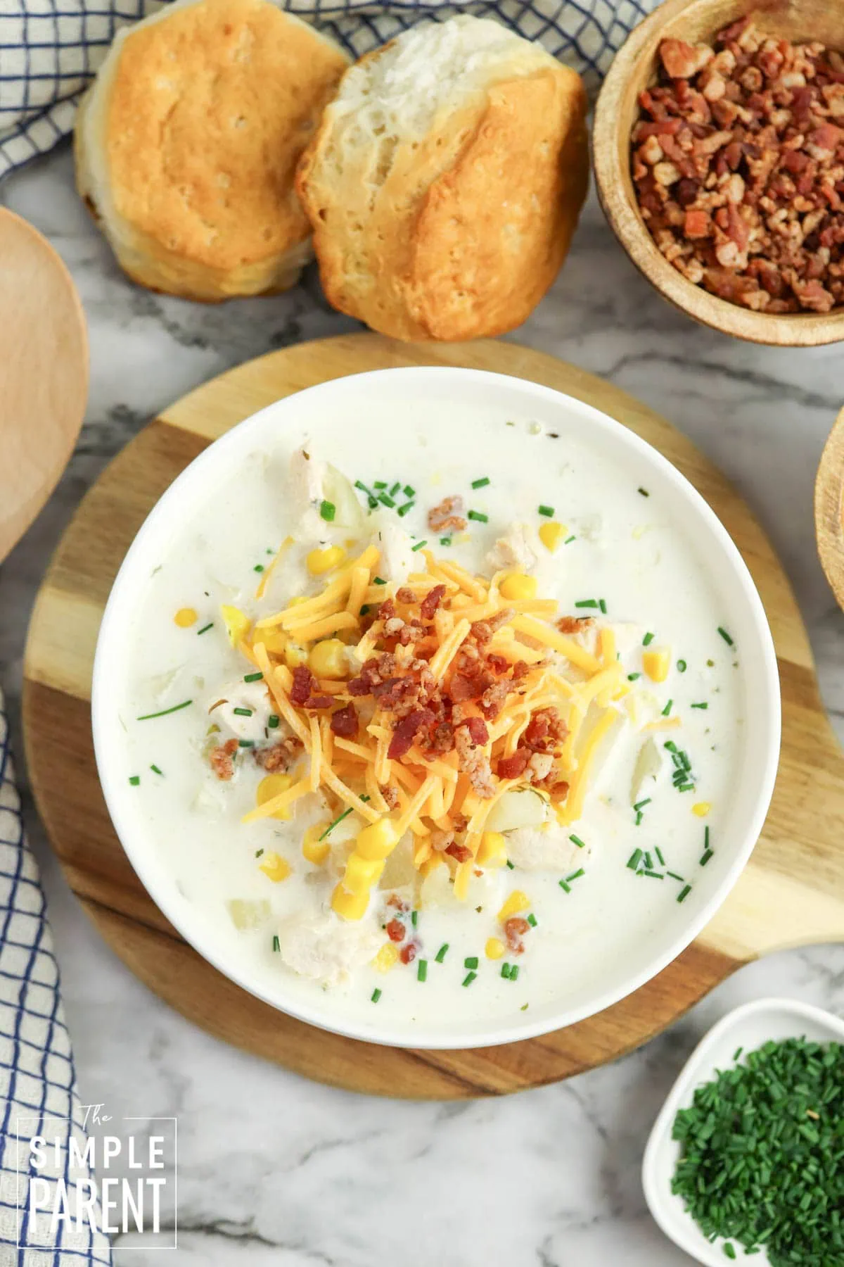 Slow cooker chicken corn chowder in white bowl