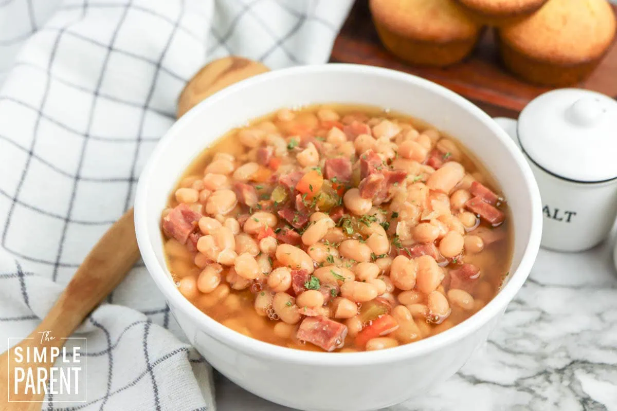 Slow Cooker Ham and Bean Soup in white bowl