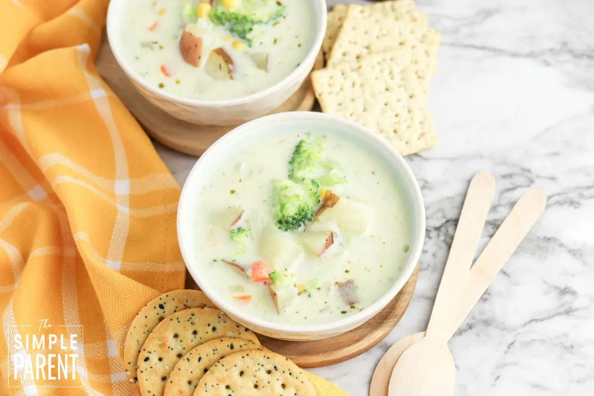 Creamy vegetable soup made in a stock pot and served in white bowl with crackers