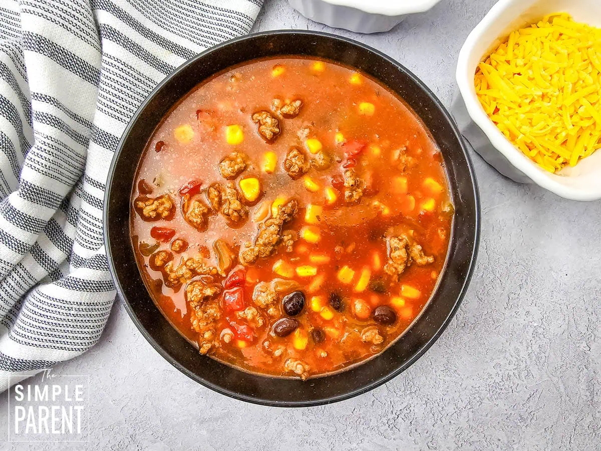 Black bowl of 7 Can Taco Soup