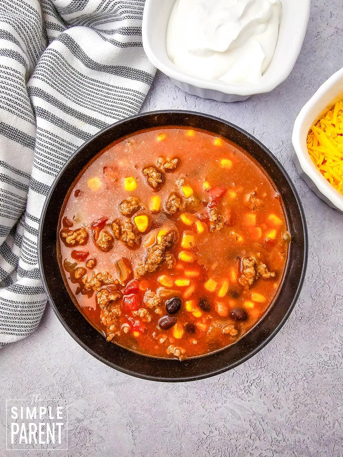 Bowl of Taco Soup on gray counter